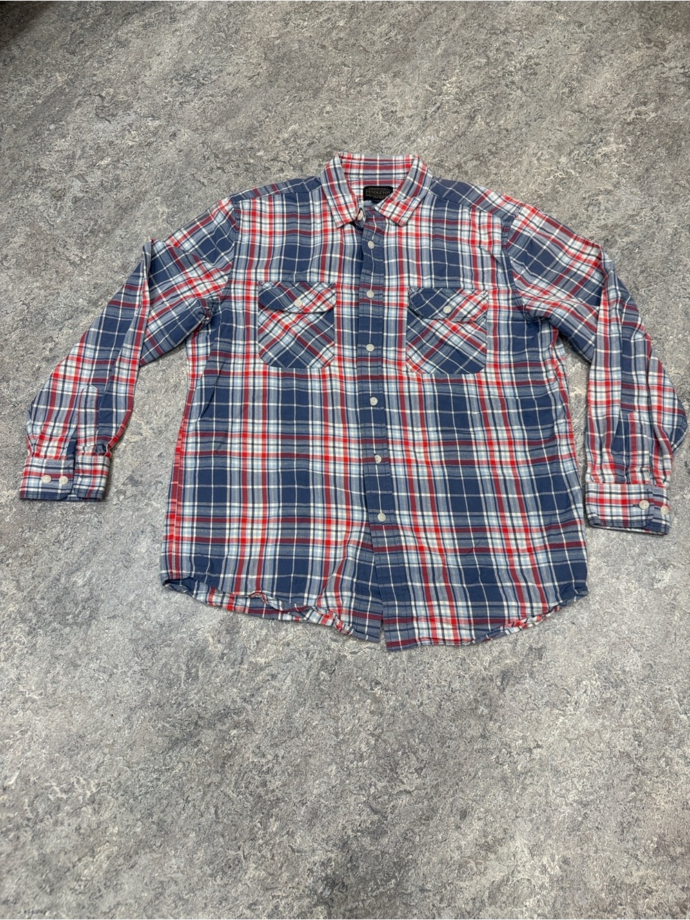 Pendleton Red, White & Blue 100% Cotton Plaid Button Front shirt Sz L